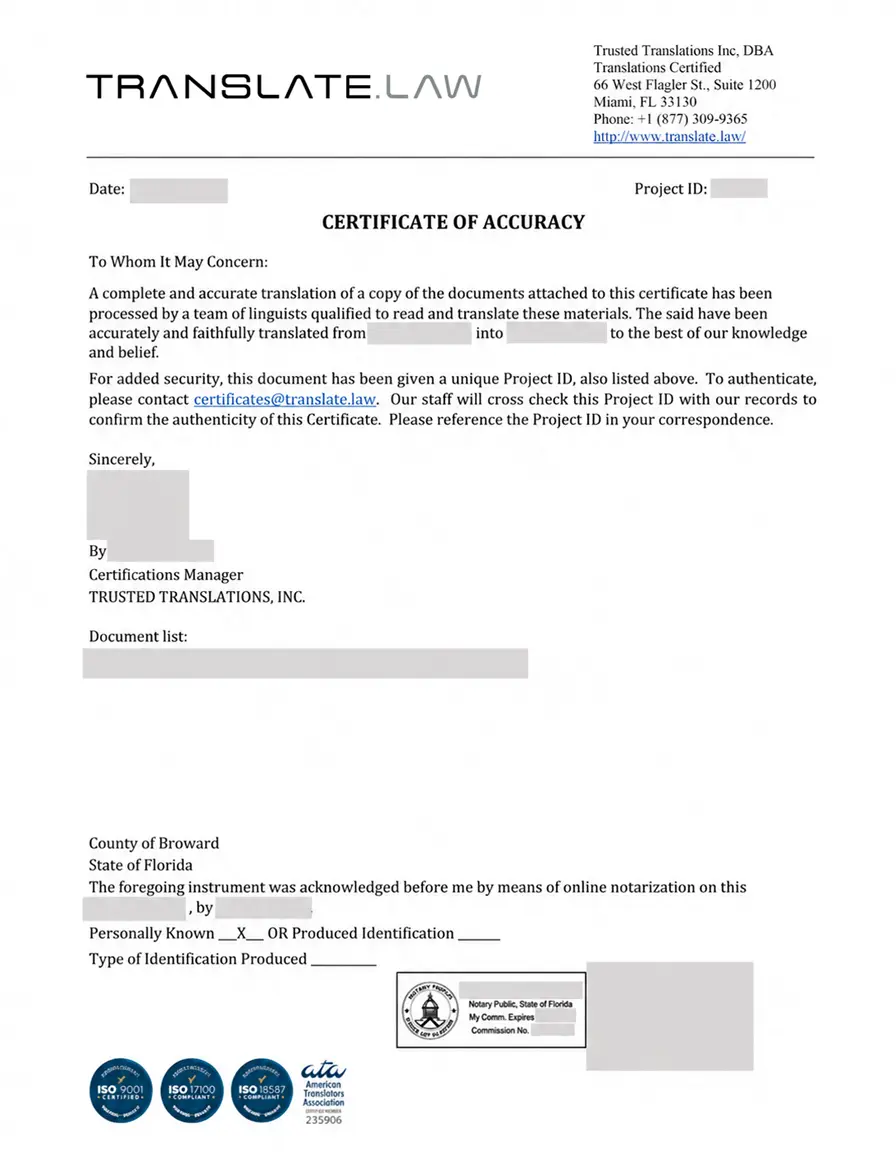 Sample Certificate of Accuracy from Translate.Law