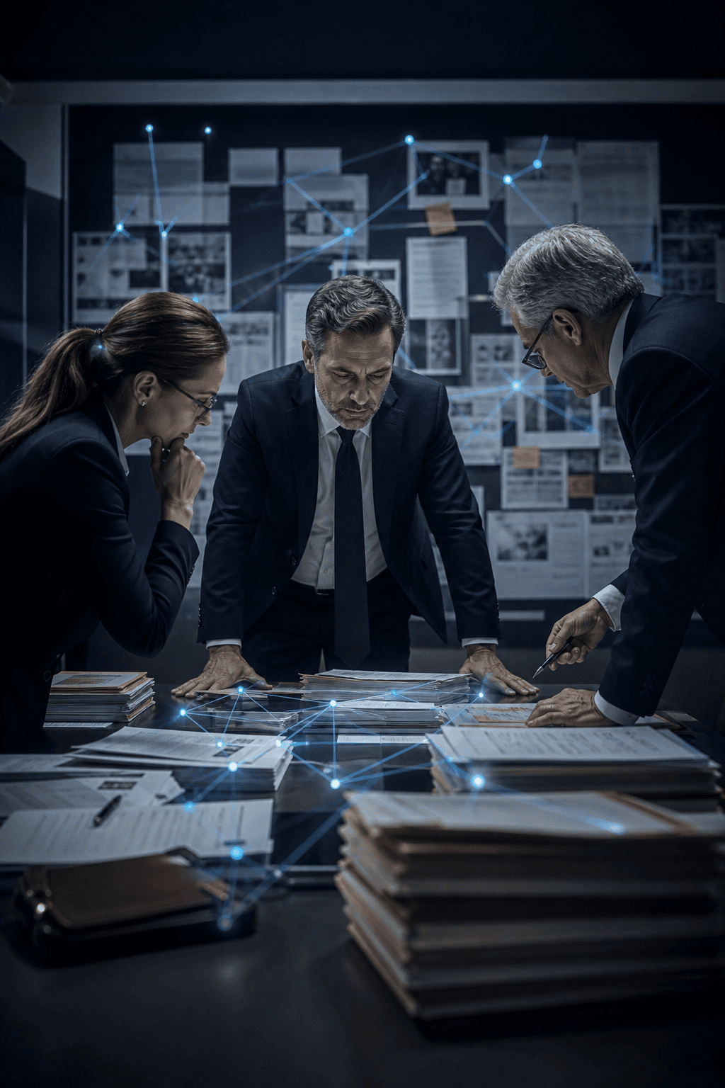 Attorneys reviewing case documents with sparse cyan technology overlays