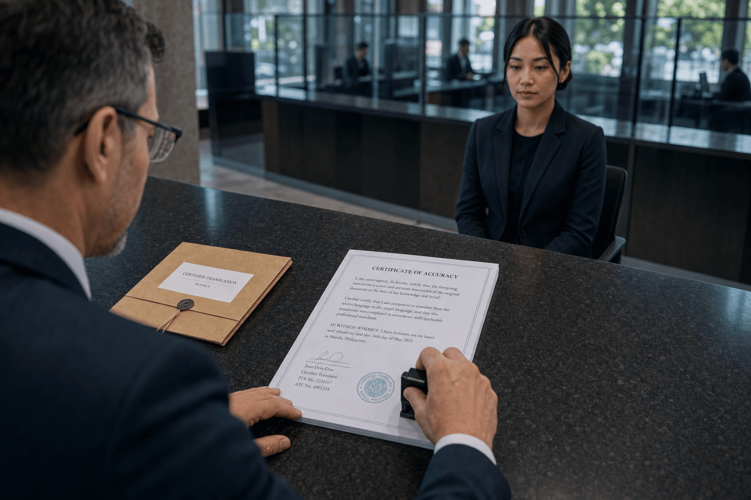Official stamping a Certificate of Accuracy on the desk while a client waits across the counter