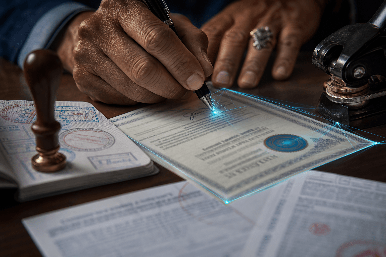 Linguists and counsel collaborating on certified translations with subtle tech light threads
