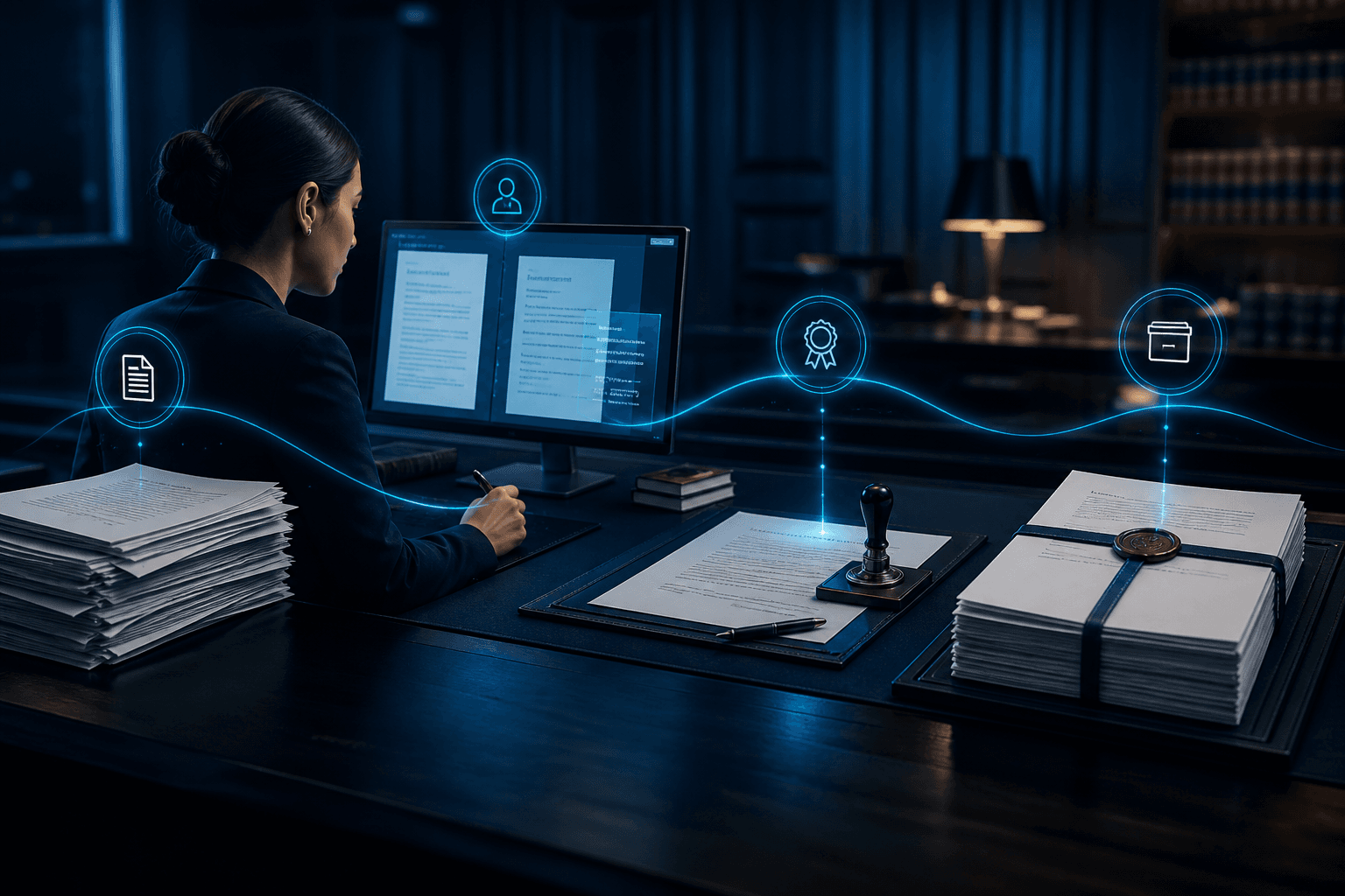 Legal proceedings moving through a four-stage interpretation workflow connected by cyan light paths