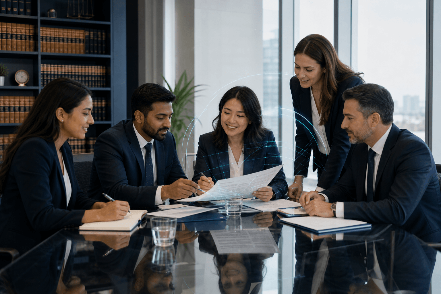 Legal professionals collaborating with AI-assisted language services in a secure environment
