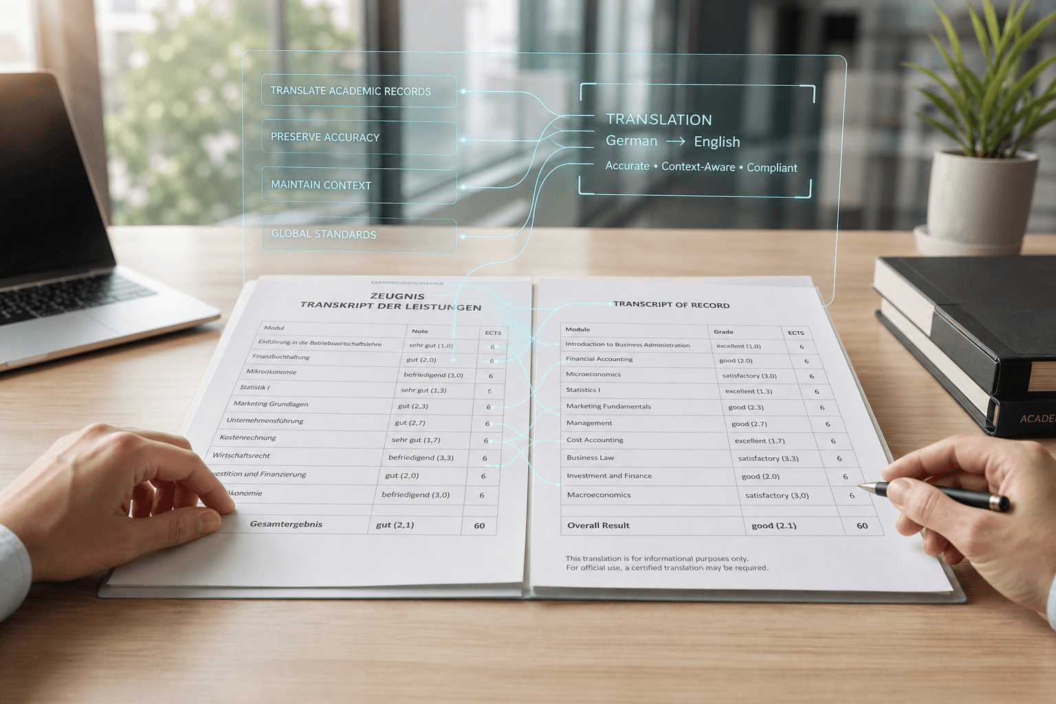 Academic transcript prepared for certified translation