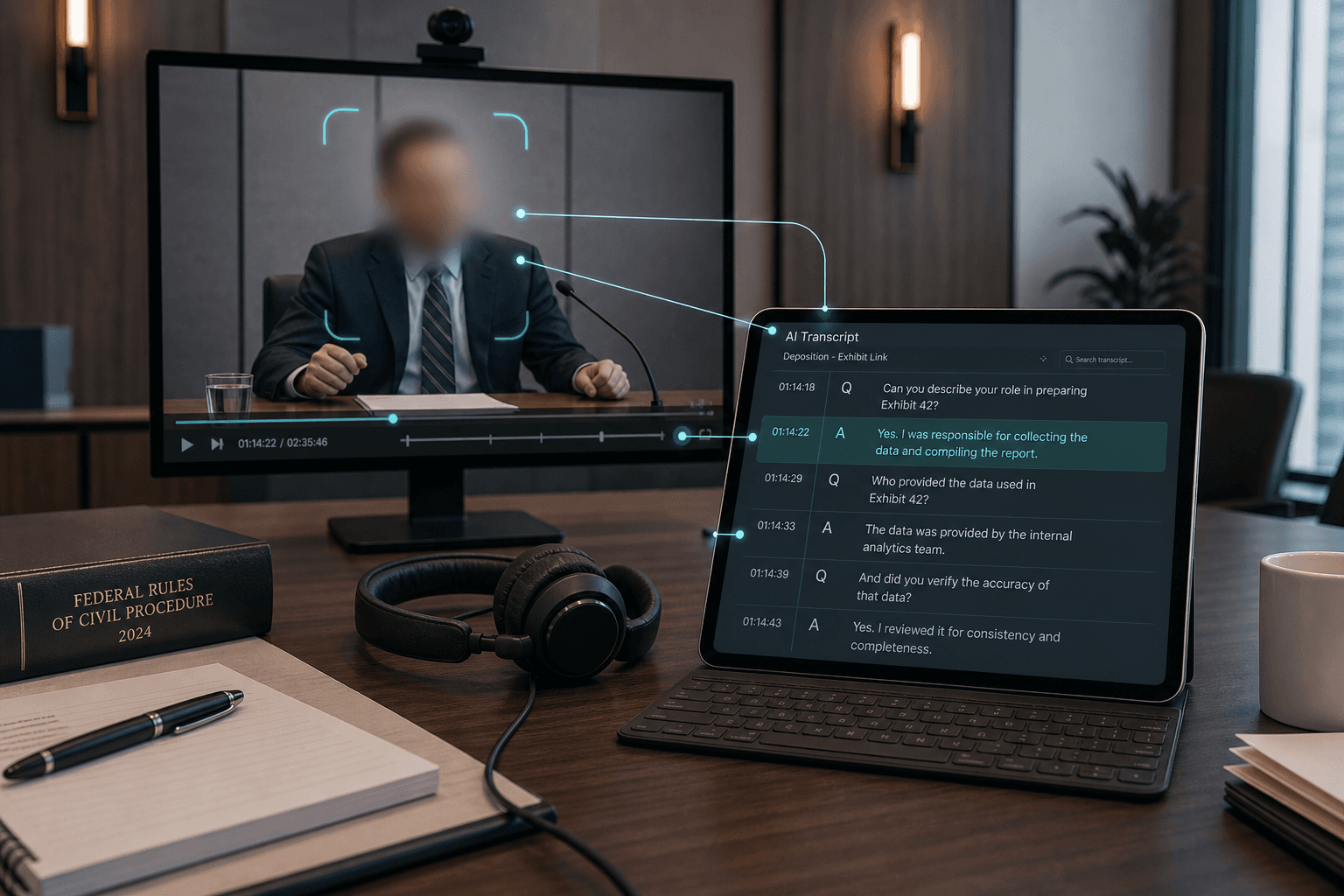AI-assisted video deposition transcript sync visual