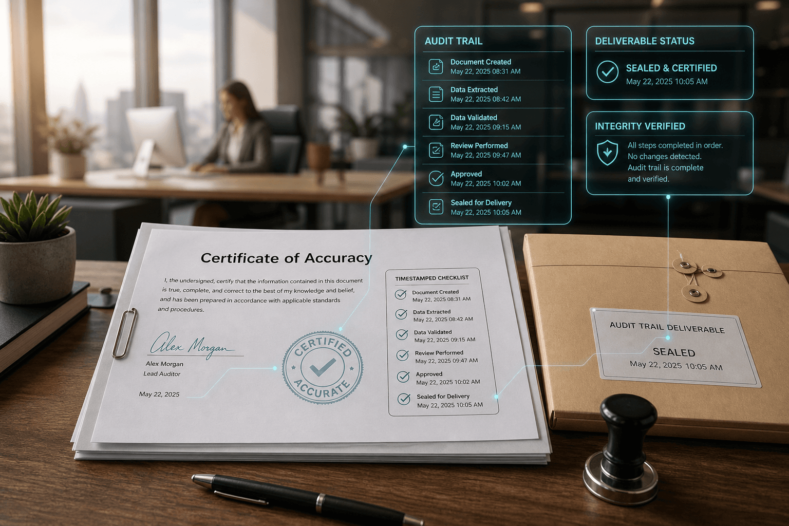 Audit trail and certified deliverables visual