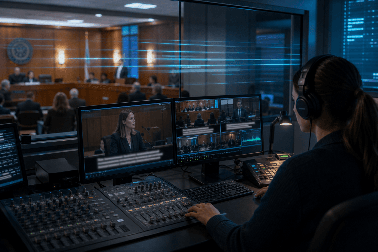 Legal captioning workstation with courtroom monitors and subtle cyan reflections