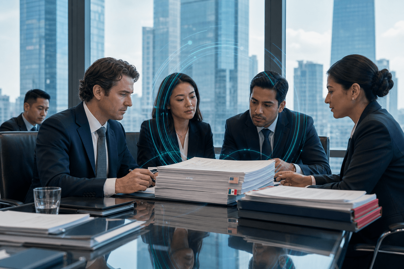Corporate legal team reviewing cross-border contracts and due diligence documents