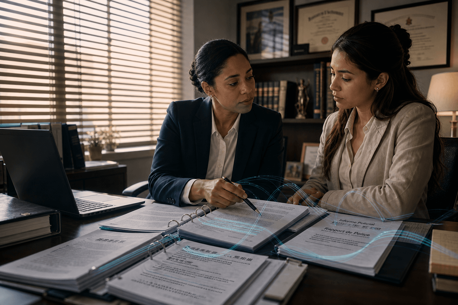 Criminal law evidence review with multilingual records and recorded interviews