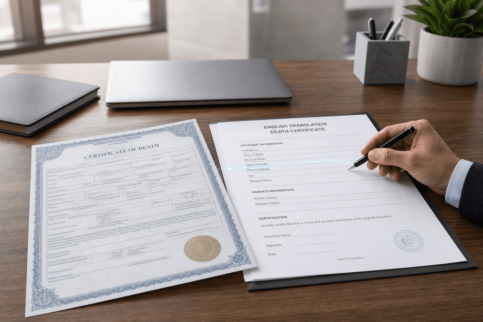Death certificate prepared for certified legal translation
