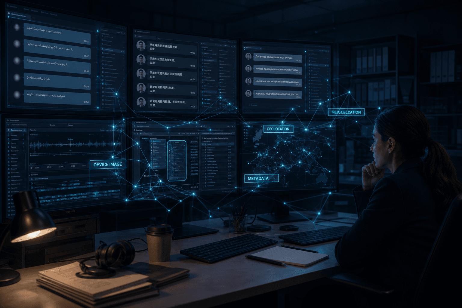 Legal digital forensics workstation reviewing multilingual electronic evidence