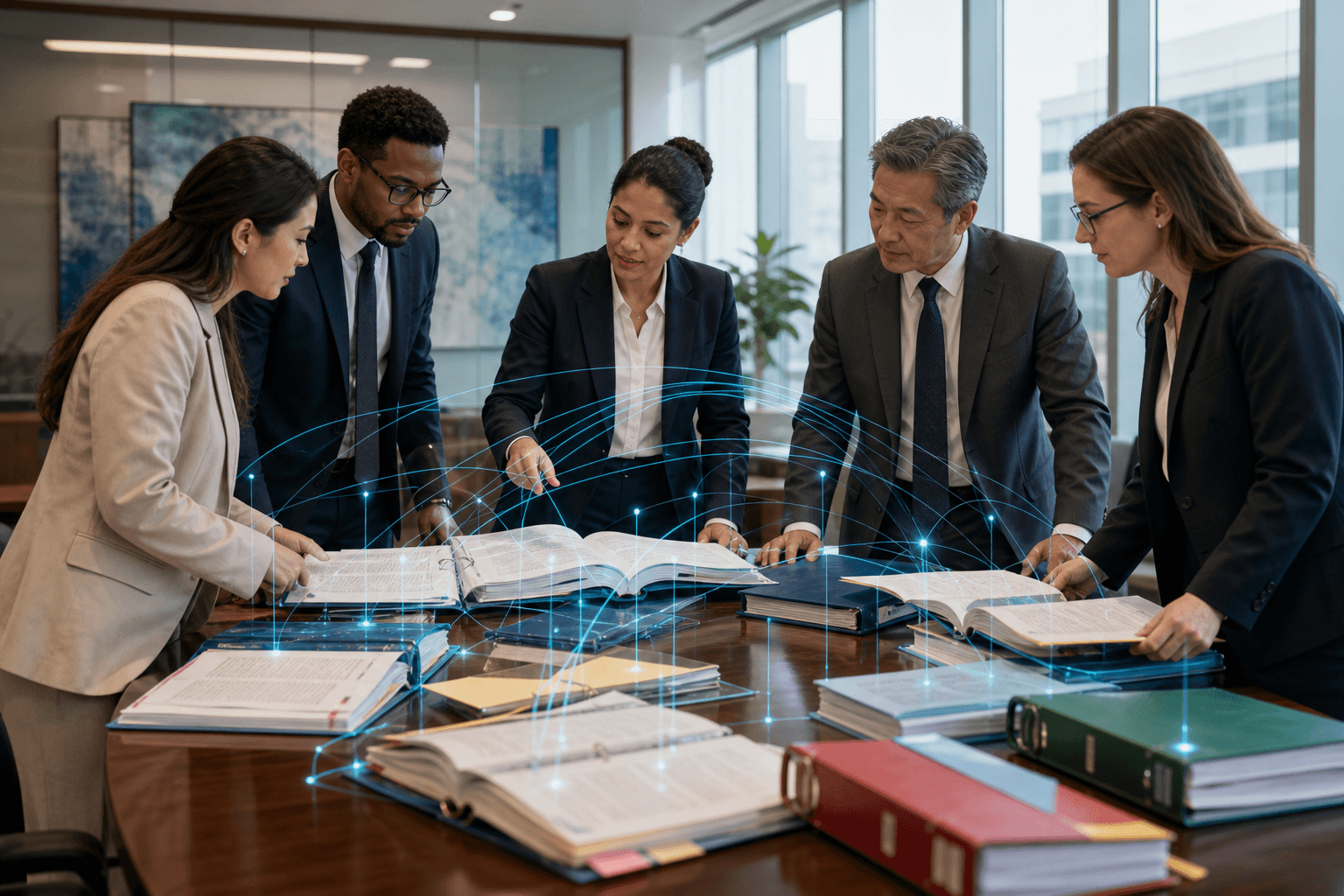 Legal professionals across practice areas collaborating with multilingual case materials