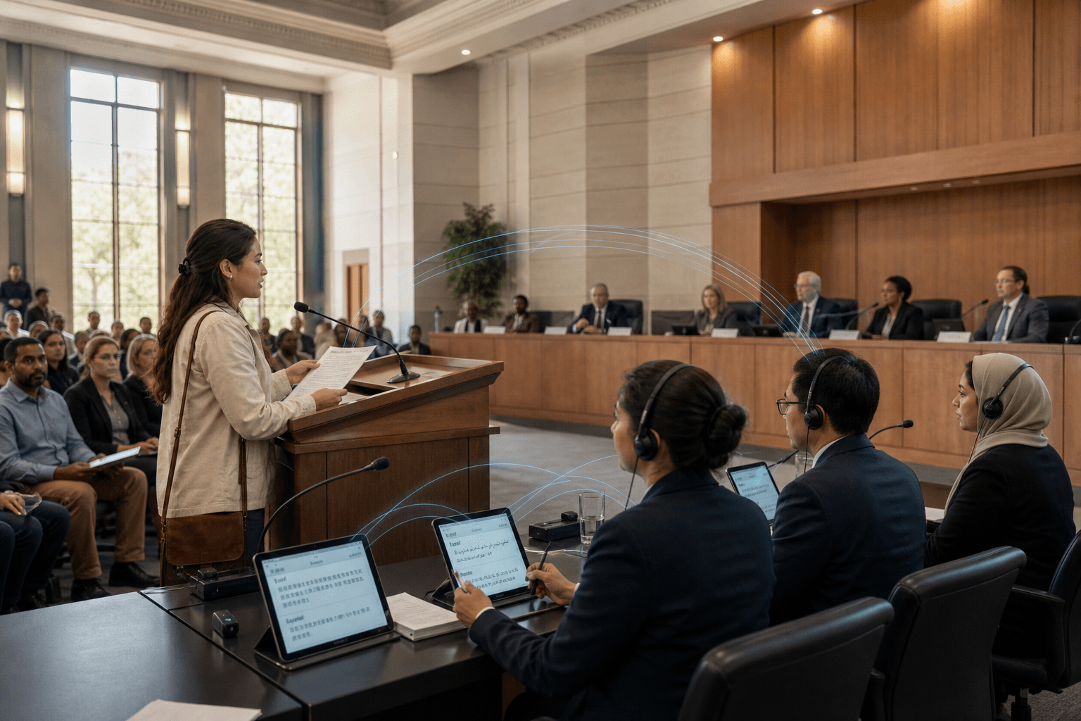 Public agency hearing room supporting multilingual translation and captioning
