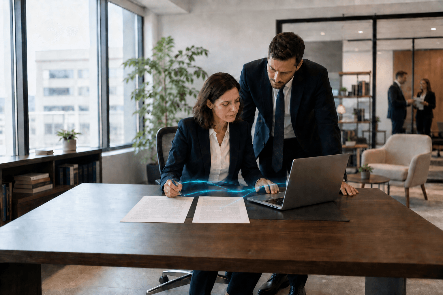 Linguist and attorney reviewing a certified English-Spanish translation together