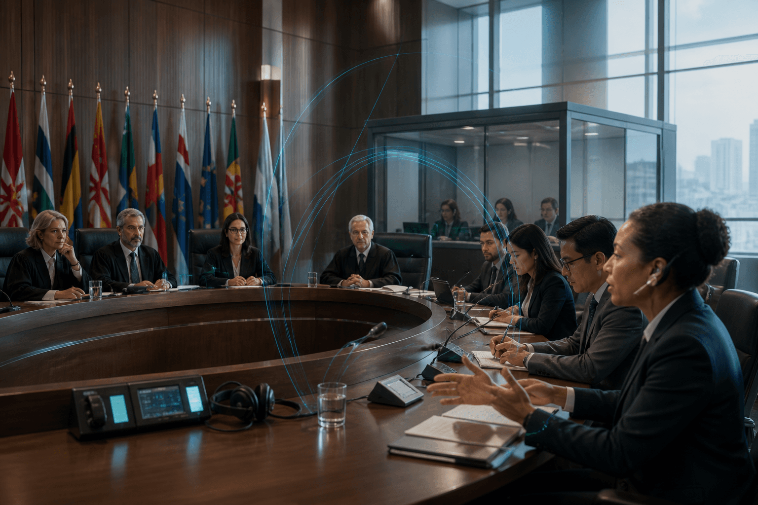 International arbitration hearing with multilingual interpretation and document translation