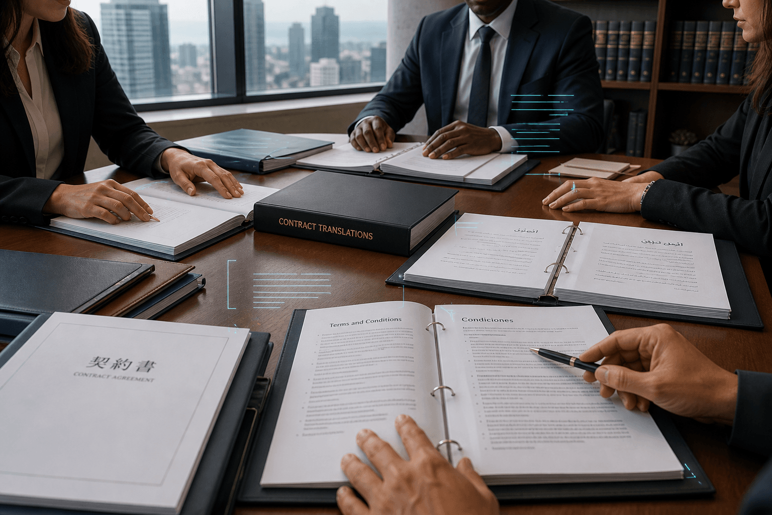 Linguists reviewing multilingual legal documents in a modern law office with subtle cyan accents