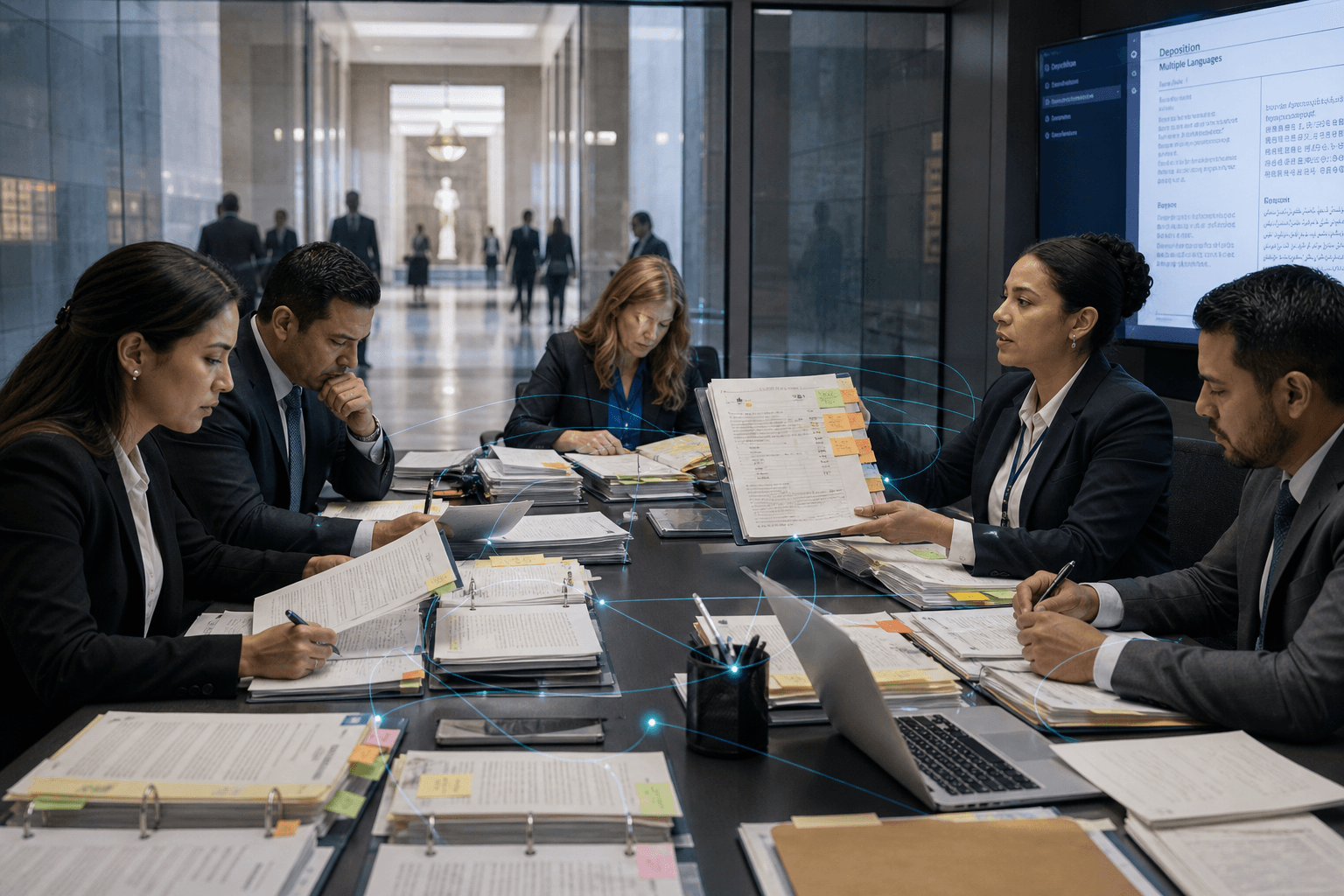 Litigation case team reviewing multilingual deposition and evidence materials