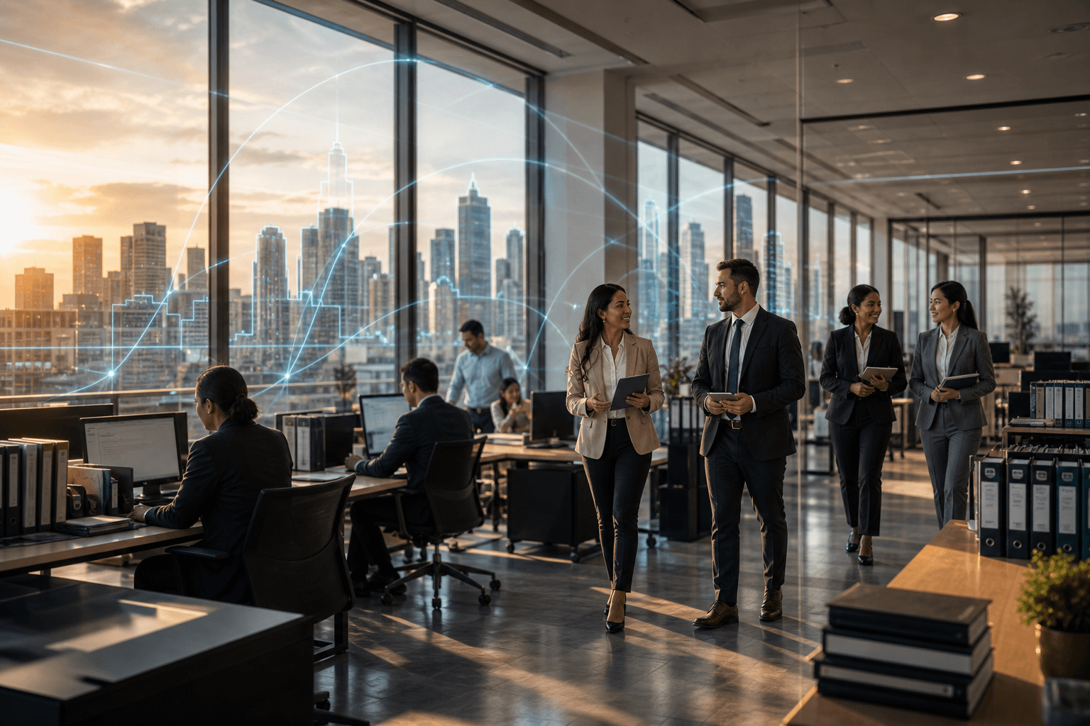 Modern office interior overlooking a city skyline, representing Translate.Law locations nationwide