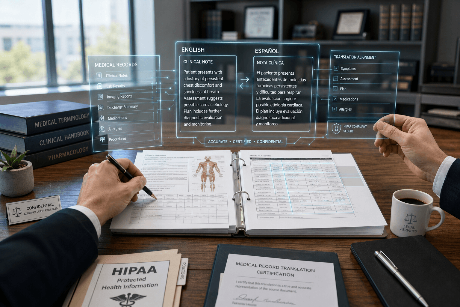 Medical records prepared for HIPAA-aligned legal translation
