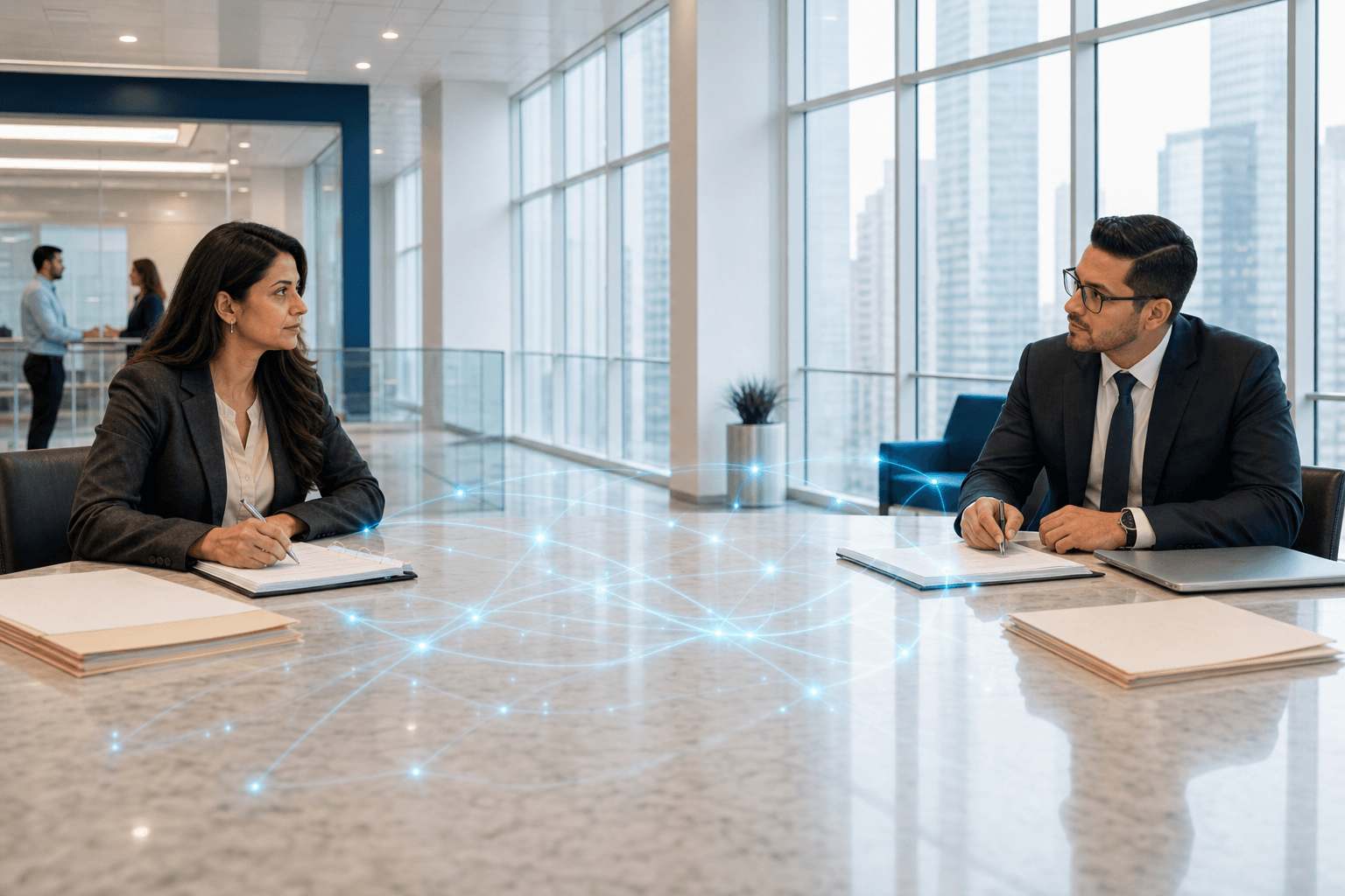 Attorney and linguist working across a conference table with a faint cyan data overlay between them