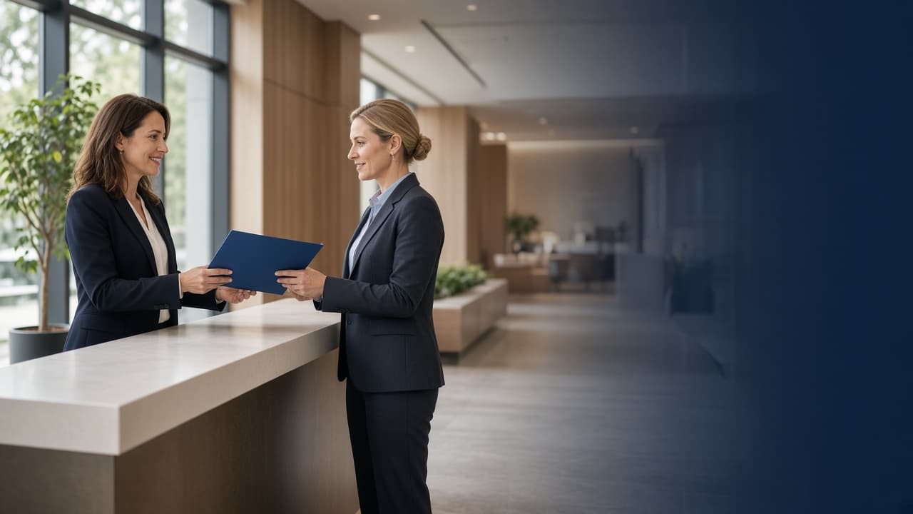 Attorneys exchanging a matter file in a modern law firm lobby